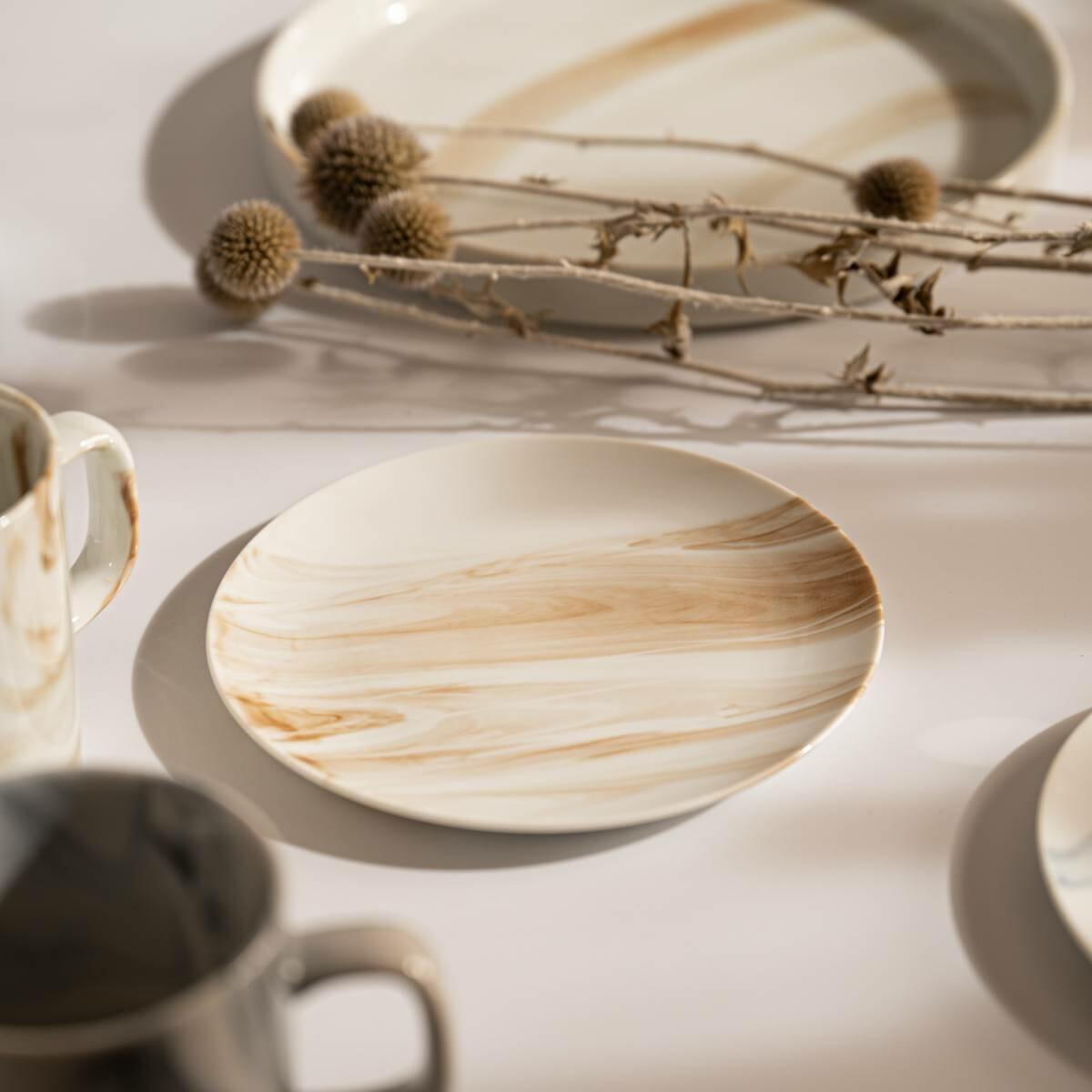 美濃燒|LUCA 大理石雲紋陶瓷碟 棕色-餐桌食器-東峰窯-七時雜貨 700zakka