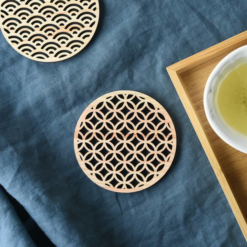 日本扁柏木製杯墊 七寶紋-杯壺器具-扁柏杯墊-七時雜貨 700zakka