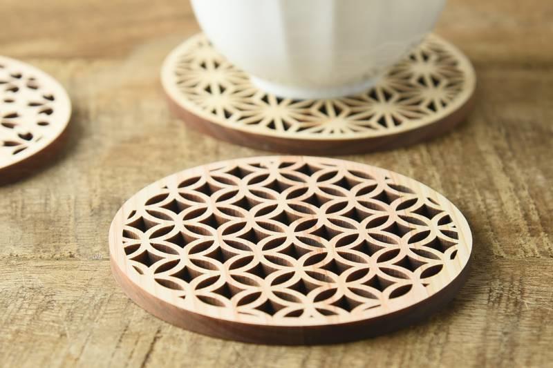日本扁柏木製杯墊 七寶紋-杯壺器具-扁柏杯墊-七時雜貨 700zakka
