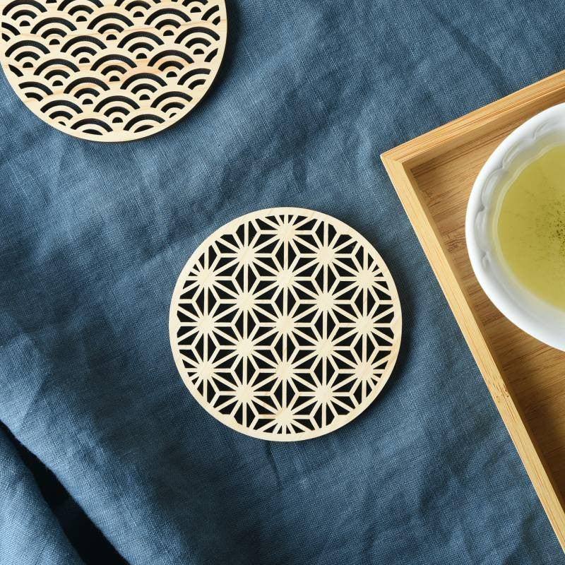 日本扁柏木製杯墊 麻葉紋-杯壺器具-扁柏杯墊-七時雜貨 700zakka