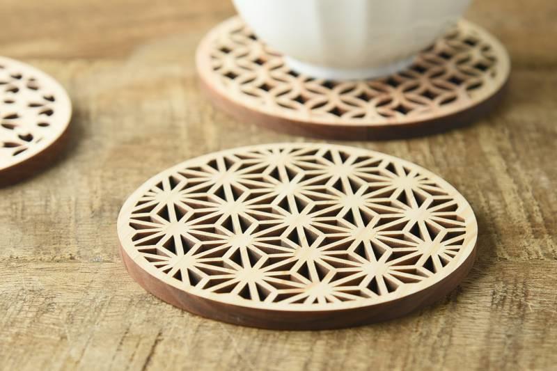 日本扁柏木製杯墊 麻葉紋-杯壺器具-扁柏杯墊-七時雜貨 700zakka