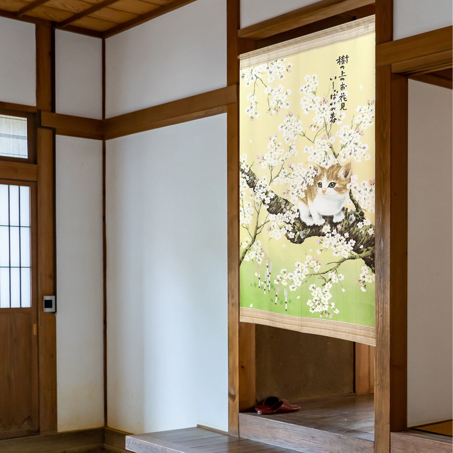 日式門簾|被櫻花圍繞的貓 加長版-家居佈置-COSMOS-七時雜貨 700zakka