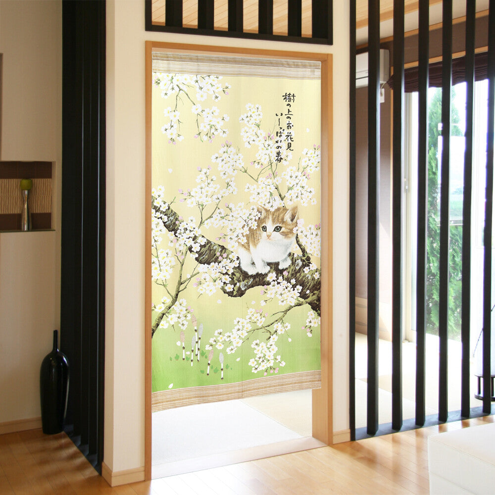 日式門簾|被櫻花圍繞的貓 加長版-家居佈置-COSMOS-七時雜貨 700zakka