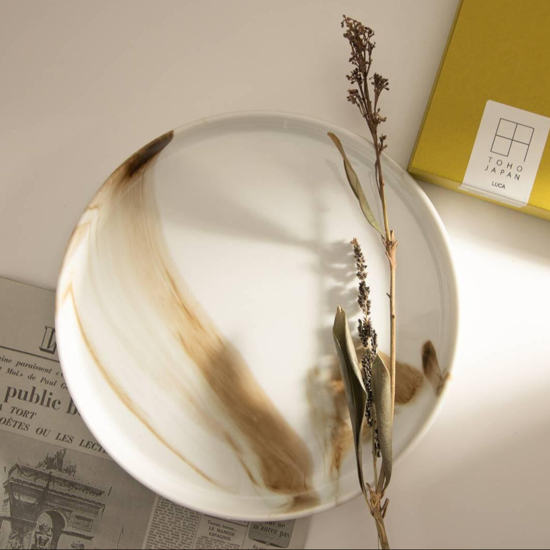 美濃燒|LUCA 大理石雲紋陶瓷圓盤 棕色-餐桌食器-東峰窯-七時雜貨 700zakka