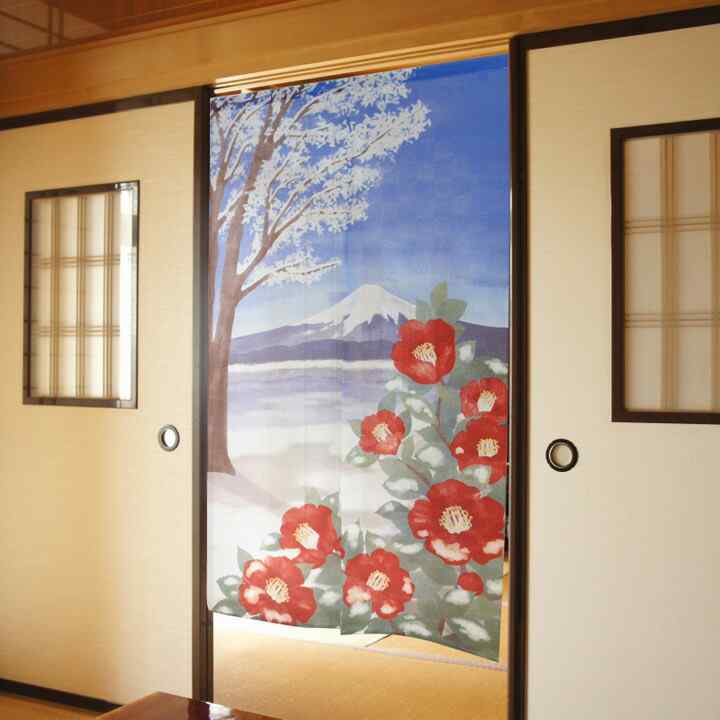 日式門簾|山茶花與富士-家居佈置-COSMOS-七時雜貨 700zakka