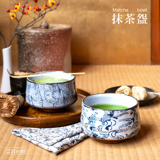 美濃燒｜青花波鯉魚抹茶碗 (木盒裝)