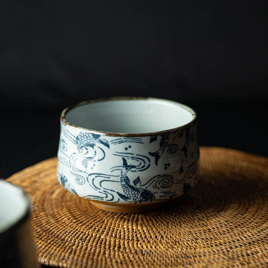 美濃燒｜青花波鯉魚抹茶碗 (木盒裝)